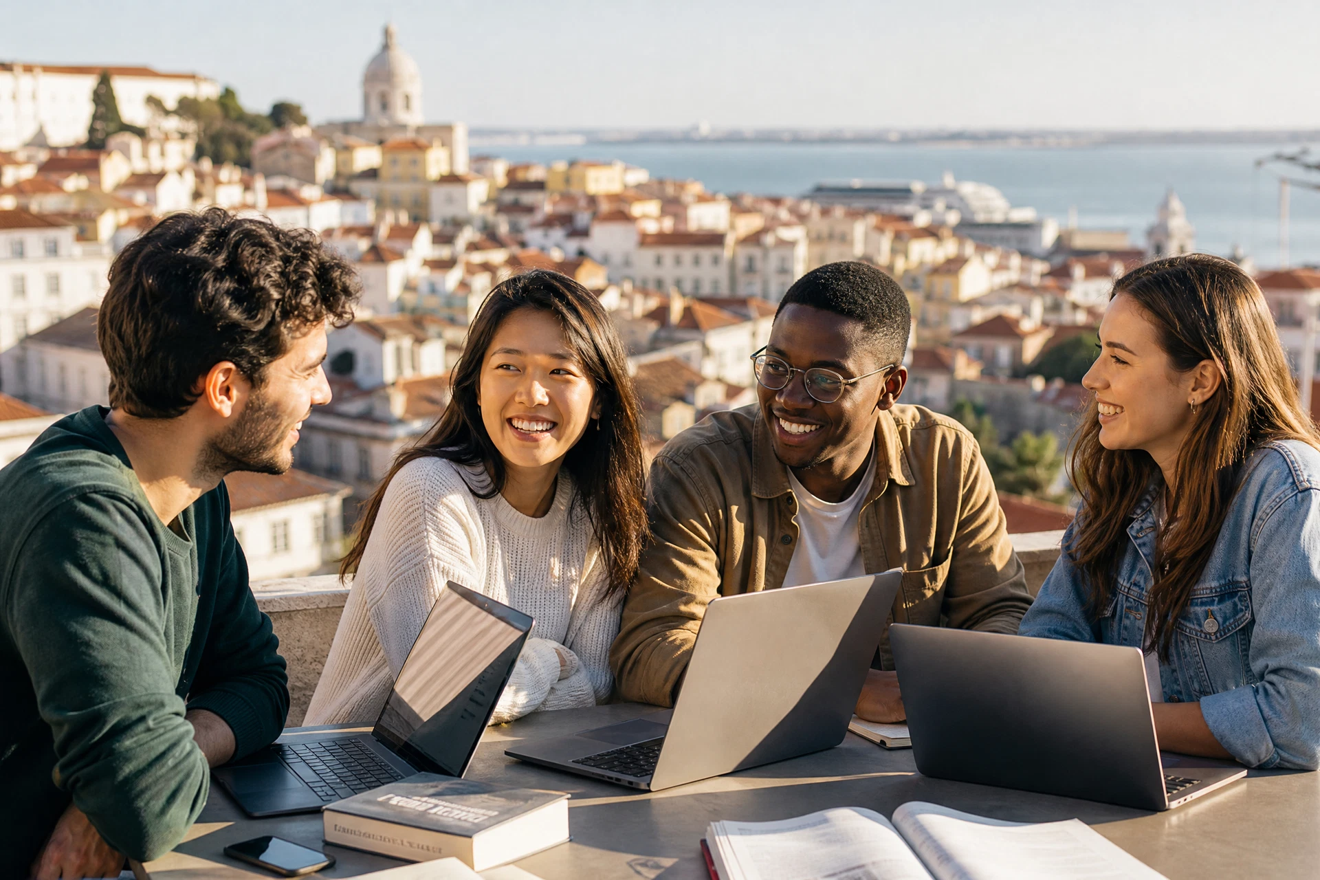 Students collaborating on a sunny Lisbon rooftop
