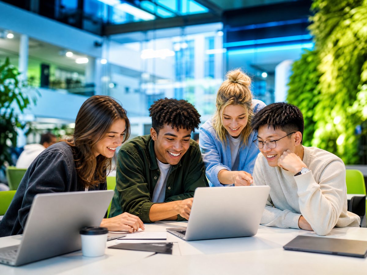 Students collaborating in a bright modern campus