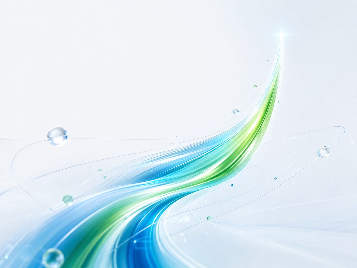 A rising ribbon of green and blue light